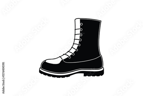 Isolated Black and White Illustration of a Lace Up Work Boot Heavy Duty Footwear Presented in a Silhouette Style silhouette