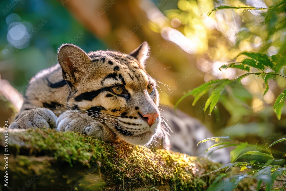 Fototapeta premium August International Clouded Leopard Day – Leopard Resting on Mossy Branch in Forest Ligh