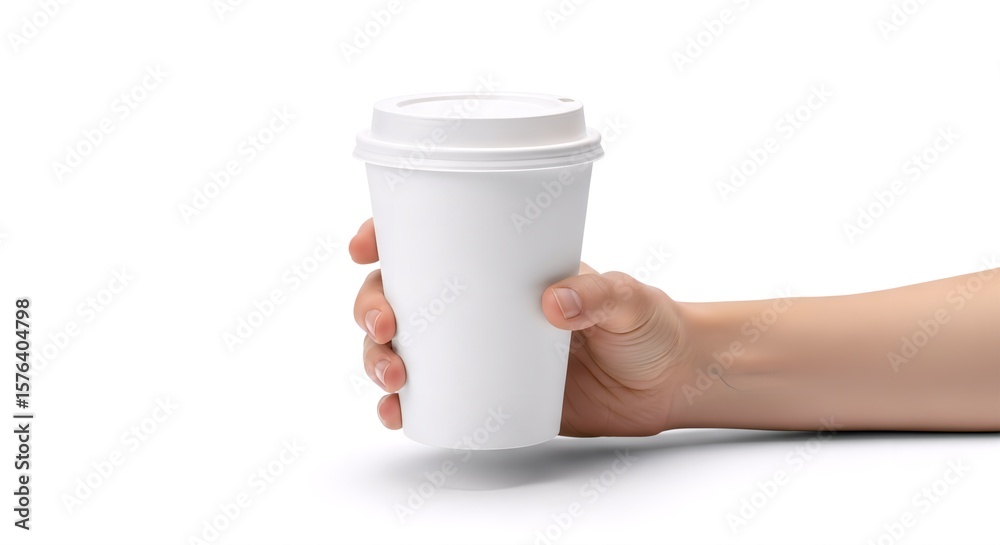 A hand holds a takeaway white paper coffee cup against a clean white background offering versatility for presentations or marketing materials. A hand holds a takeaway white paper coffee cup against a clean white background offering versatility for presentations or marketing materials.