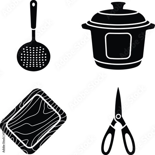 Kitchen utensils icons including skimmer pot cutting board and scissors vector illustration set