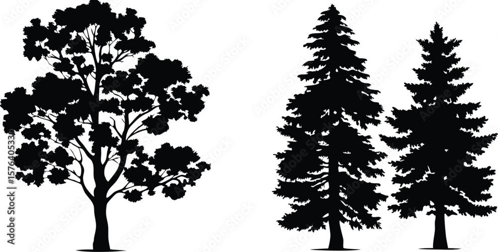 Obraz premium Silhouette Tree and Forest Illustrations Set - Black Tree Designs,Tree silhouette vector,vector silhouette trees Icon set,set of trees silhouettes,African trees as black silhouettes,ai