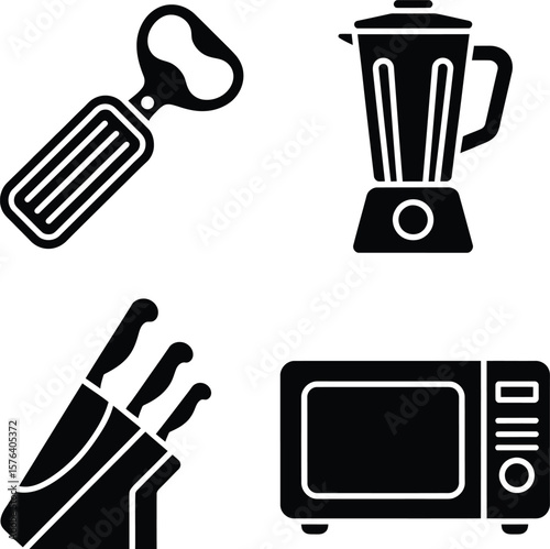 Comprehensive Kitchen Appliances and Utensils Icons Including Bottle Opener Blender Knives and Microwave