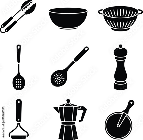 Classic Black Silhouettes of Common Kitchen Utensils and Appliances for Universal Design Projects