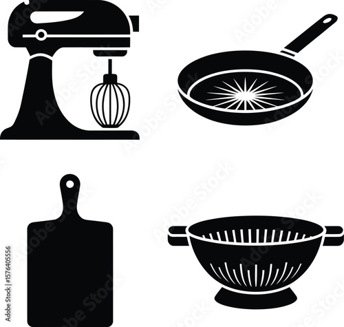 Comprehensive Kitchen Utensils Collection Stand Mixer Frying Pan Cutting Board and Colander