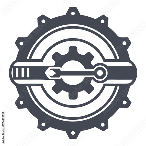 Dark grey mechanical gear with central cog and horizontal bar industrial technology