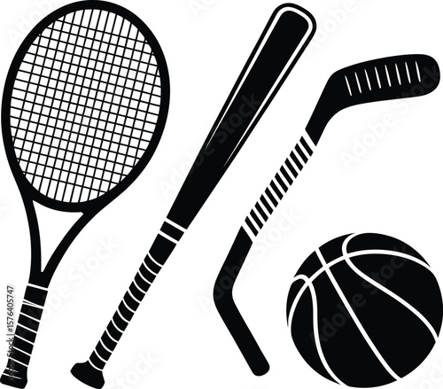 Dynamic Black Silhouettes of Sports Equipment Icons on White Background for Active Lifestyles