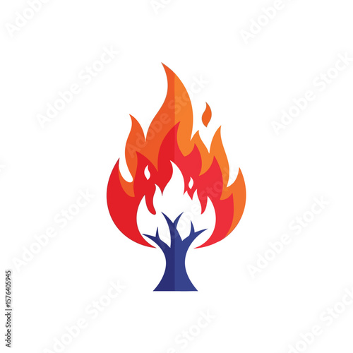 Fiery Tree Icon. Vibrant digital graphic depicts a blazing plant, blending environmental concepts with raw energy. Represents transformation, power, or ecological concern.