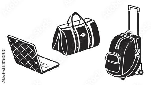 "Silhouette style vector set of travel bags: checked-in suitcase, laptop bag, overnight bag, crossbody bag, plain black icons on white"