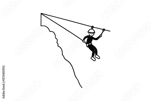 Minimalist Illustration of a Person Ziplining Down a Cliffside in Silhouette Style Depicting Adventure and Outdoor Recreation silhouette