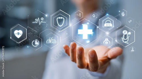 Doctor Using Digital Medical Interface – Futuristic Healthcare Technology, Smart Hospital System, AI in Medicine, Telemedicine, Digital Health Records, Clinical Data Analysis, Medical Innovation Conce