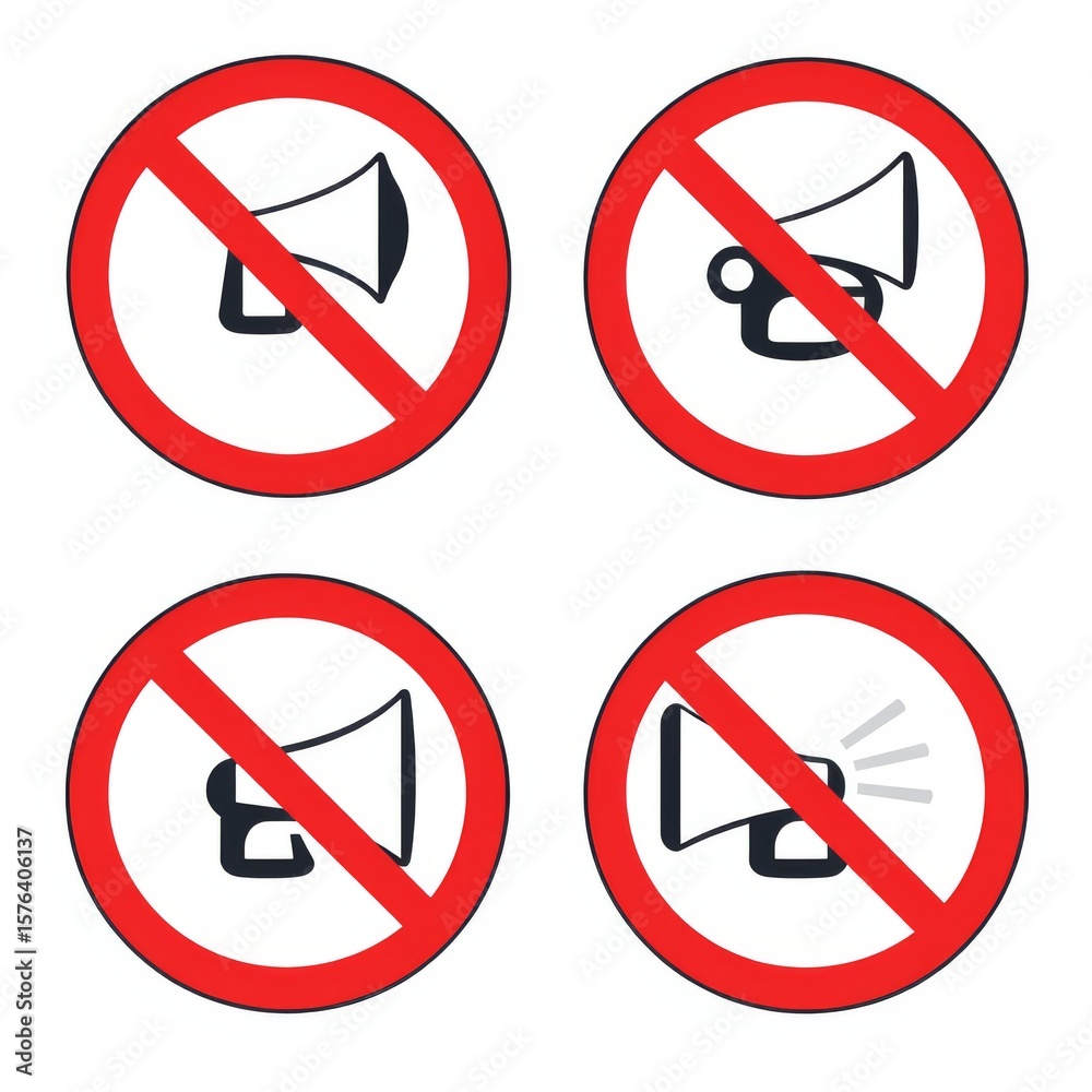 Four circular no megaphone signs with red circles and diagonal lines on a white background image Four circular no megaphone signs with red circles and diagonal lines on a white background image