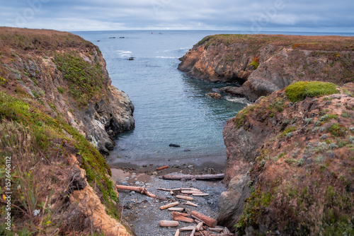 Driftwood-Filled Cove Between Sea Cliffs – Fort Bragg, California