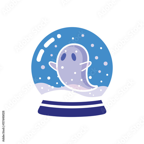Cute Ghost Snow Globe Holiday Display. This charming illustration features a spectral figure amidst falling flakes within a festive glass sphere. It represents playful whimsy and joy, perfect for.