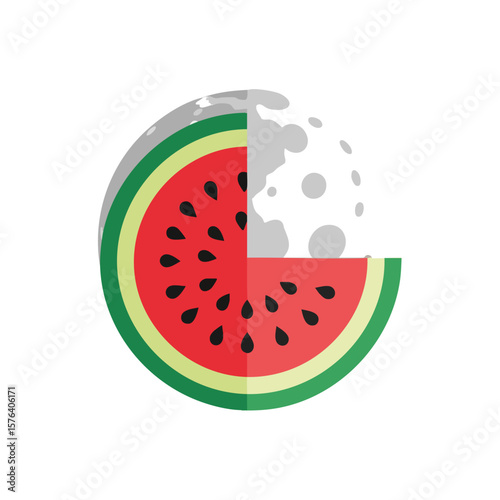Celestial Melon Segment Art. This distinctive image combines a juicy fruit section with a mysterious orb, representing terrestrial enjoyment and universal awe.