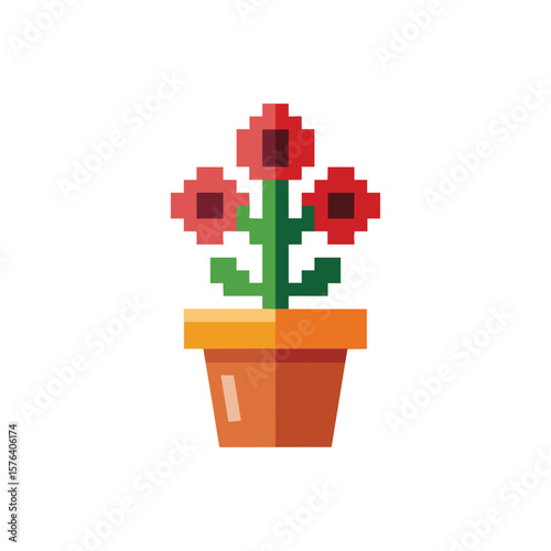 Vibrant Pixelated Floral Pot. This charming digital graphic showcases three bright red blossoms flourishing in an earthen container, evoking retro gaming nostalgia.