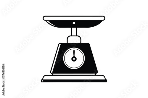 Vintage Mechanical Kitchen Scale Illustration Black and White Design Depicting a Classic Weighing Device with a Clear Dial and Tray silhouette