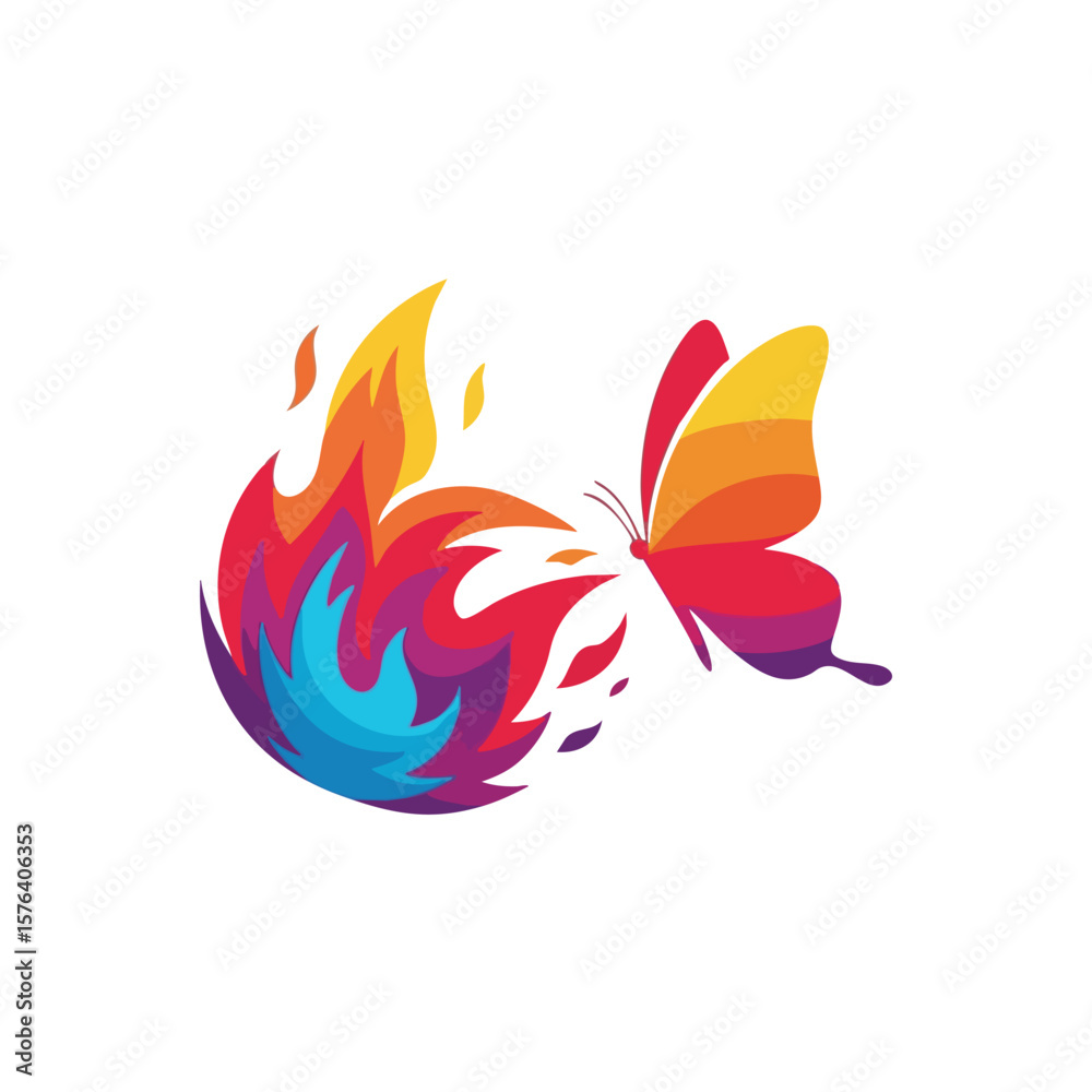 Naklejka premium Vibrant Butterfly and Colorful Flames. A dynamic illustration depicting a beautiful insect flying from fiery embers. It symbolizes passion, change, and resilience.