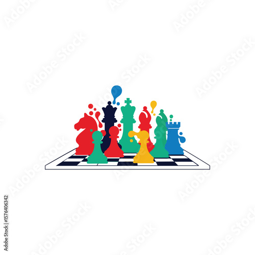 Vibrant Strategy Chess Pieces. A playful depiction of iconic game elements on a checkerboard. This clever artwork symbolizes diverse thinking and intelligent problem solving.