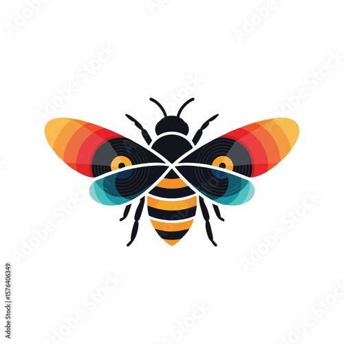 Musical Bee Vinyl Record Artwork. Vibrant insect with classic audio discs for wings. This imaginative graphic unites nature and melodic expression, capturing the sweet hum of tunes.