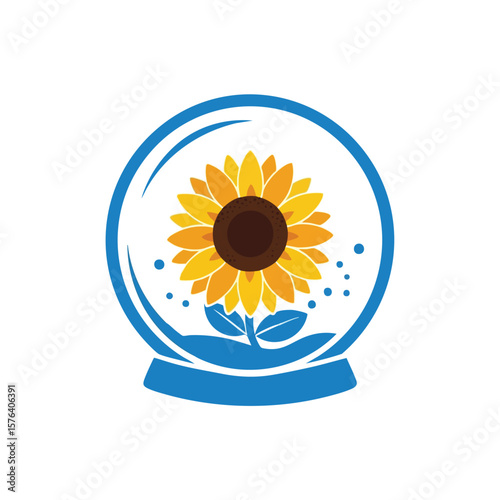 Bright Sunflower in Blue Sphere Icon. Vibrant yellow blossom within a clear globe on an azure base. This elegant illustration symbolizes nature's joy, optimism, and protected beauty.