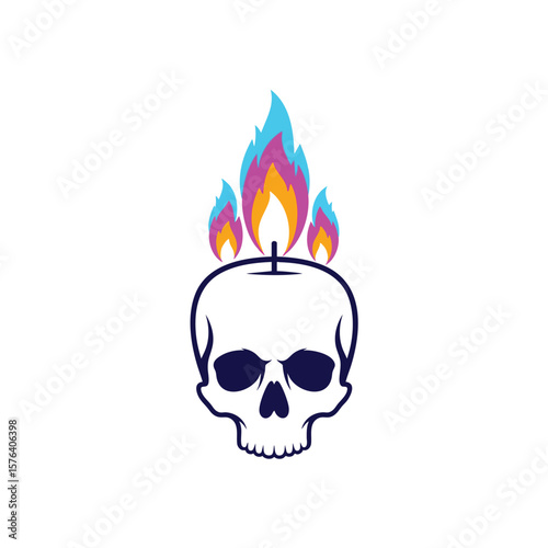 Vibrant Skull with Colorful Flames. This striking cranium artwork features energetic multicolored fire. It symbolizes passion, burning bright, and enduring spirit.