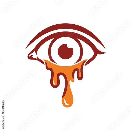 Golden Tear Eye Design. Distinctive human gaze graphic with a dripping amber fluid. Represents valuable emotion, sweet sorrow, or a precious essence.