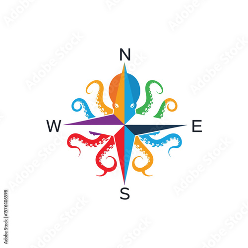 Vibrant Octopus Compass Icon. This captivating nautical emblem merges a lively cephalopod with a navigational guide. Perfect for travel, ocean themes, adventure, or direction.