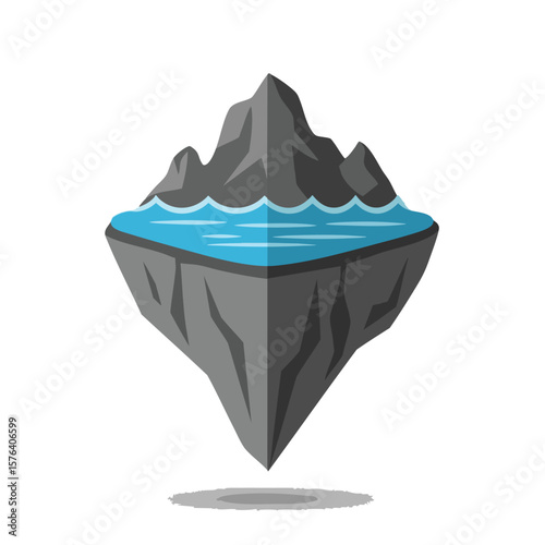 Levitating Mountain Island Water. An abstract isometric design of a detached landmass showcasing rugged peaks and a tranquil pool. It symbolizes a unique, isolated world.