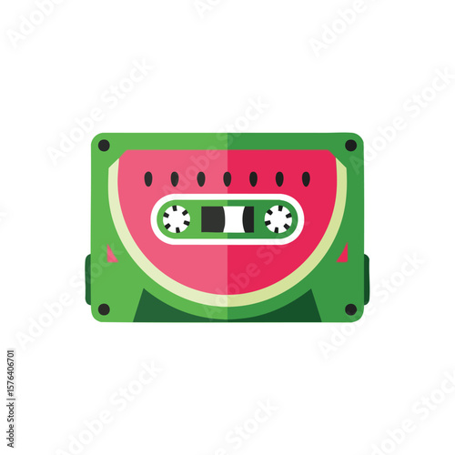 Vibrant Watermelon Cassette Art. This lively graphic marries vintage audio technology with a juicy summer fruit. It symbolizes refreshing music, warm days, and a playful nostalgic spirit.