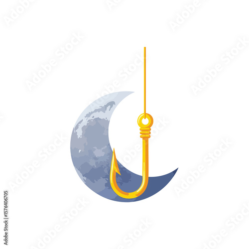 Hooking the Moon. Whimsical illustration of a shining golden angler's tool suspended above a tranquil lunar crescent, symbolizing dreams and aspiration.