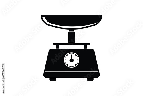 Classic Kitchen Scale Illustration in Black and White Featuring a Simple Analog Display and Bowl Presented in a Silhouette Style silhouette