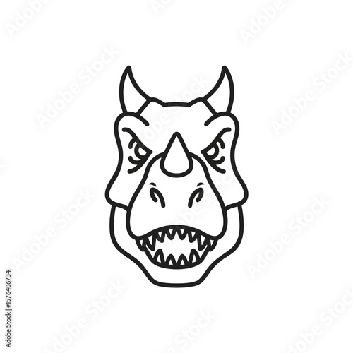 Fierce Dinosaur Head Line Art Icon. This aggressive prehistoric creature visage features sharp teeth and horns. A simple contour graphic symbolizing raw power and ancient might.
