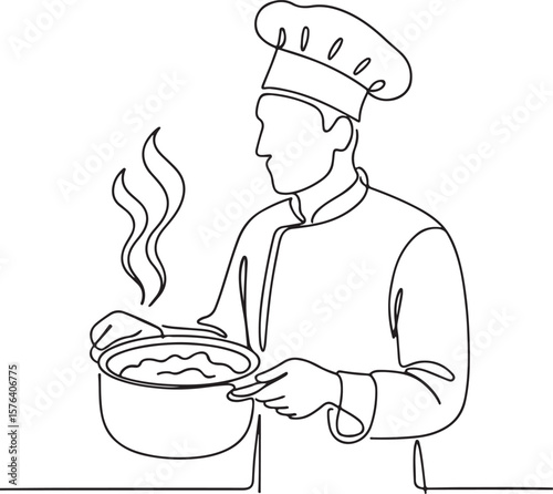 Line Drawing of Chef with Pot Representing Cooking and Hospitality Theme