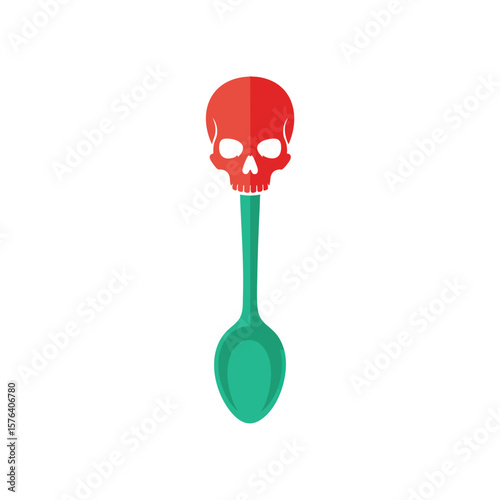 Red Skull Spoon Warning Sign. Striking digital art features a vivid cranium on a green eating utensil. It embodies peril, toxicity, addiction, or macabre Halloween concepts.