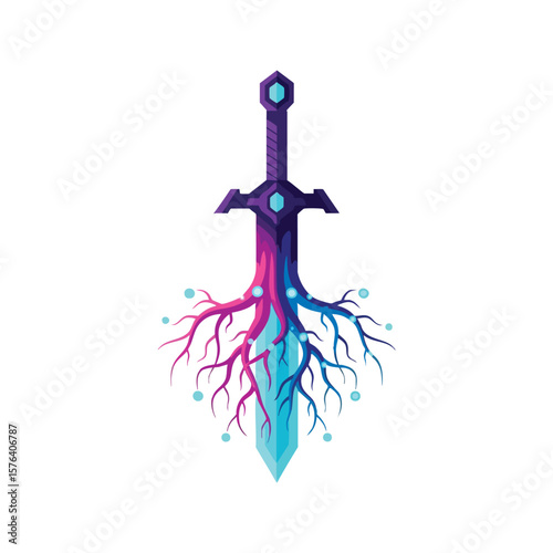 Enchanted Blade Rooted Power. A captivating illustration depicting a mystical saber with vibrant, interwoven tendrils and luminous orbs. Represents profound strength and elemental energy.