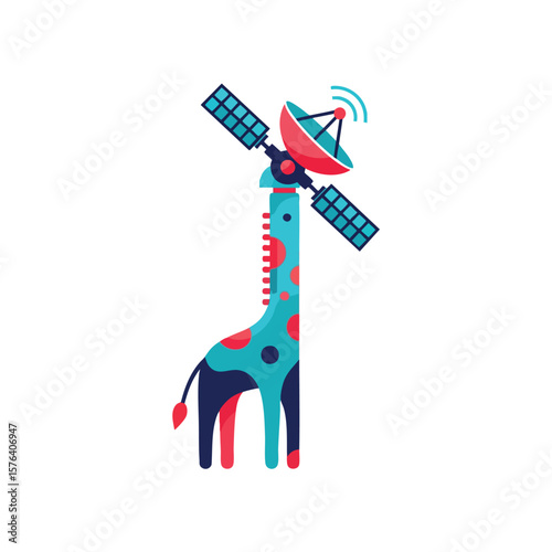 Futuristic Giraffe Satellite Tech. A charming illustration features a tall animal integrated with a satellite dish and solar panels. It represents global communication and eco-innovation.