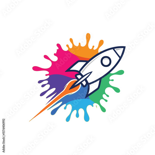 Dynamic Rocket Art Launch. A bold spacecraft ascends through a lively burst of diverse hues. This illustration symbolizes creative innovation, rapid progress, and vibrant beginnings.