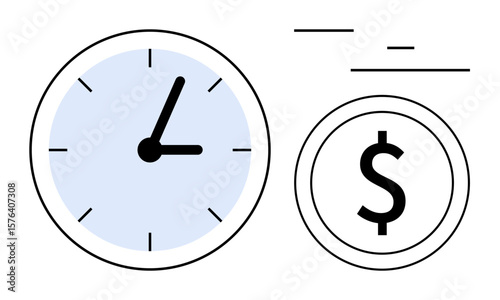 Clock and dollar sign convey time value and cost management. Ideal for productivity, finance, efficiency, time tracking, planning, budgeting, simple landing page