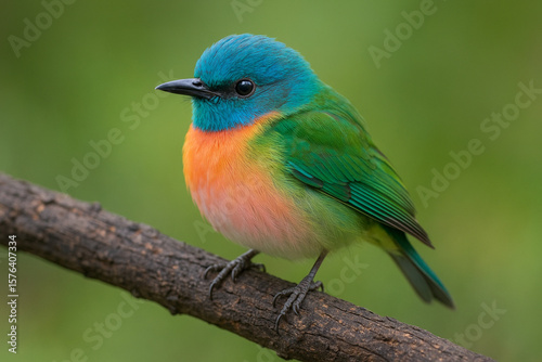Vibrant blue and orange bird perched on a textured branch with soft green background