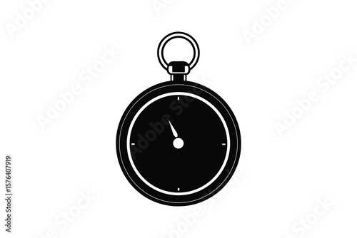 Vintage Pocket Watch Illustration in Black and White Depicting Timelessness and Classic Design Presented as a Silhouette