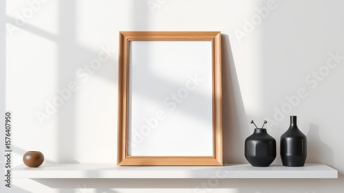 A wooden frame with black vases and a brown pot on a white shelf against a white wall with light shadows