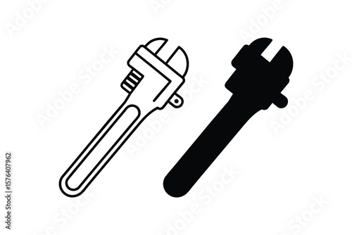 Adjustable Wrench Line Art and Silhouette Handyman Tool Icon Plumbing Repair Equipment Mechanical Engineering Construction Isolated on White Background silhouette