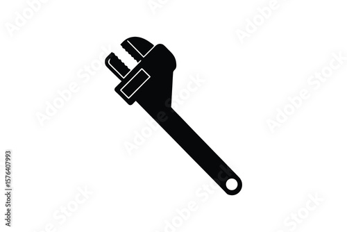 Adjustable Pipe Wrench Tool Isolated on White Background Illustrating Plumbing and Mechanical Work in a Simple and Clean Silhouette