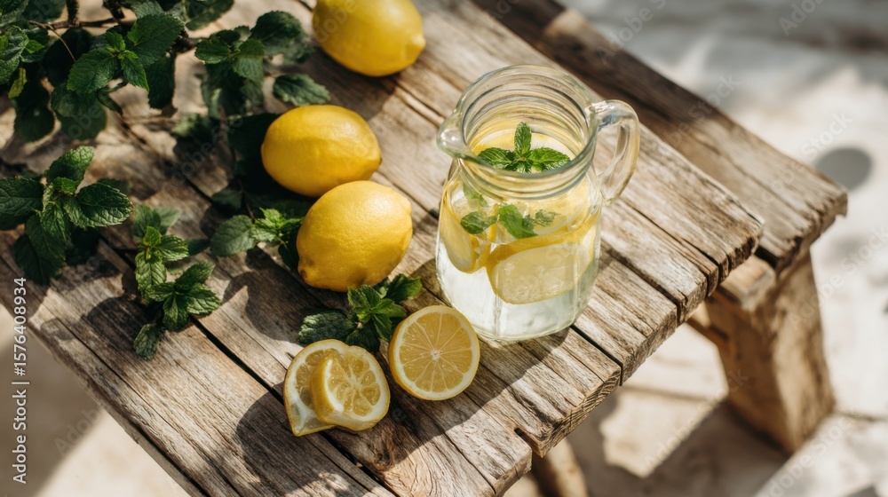 Fresh homemade lemon water with mint and sliced lemons on rustic wooden table Fresh homemade lemon water with mint and sliced lemons on rustic wooden table