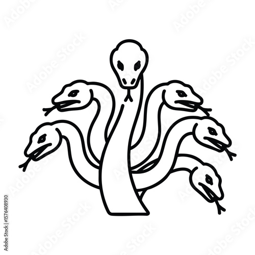 Lernaean Hydra Mythology Icon. This iconic outline of the legendary multi-headed serpent from ancient Greek tales embodies themes of insurmountable challenges and relentless regeneration.