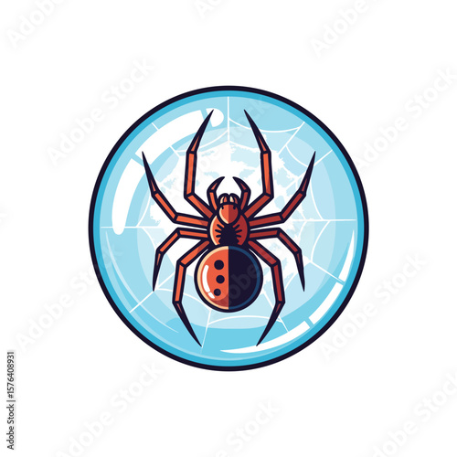Vibrant Spider Web Circle. A brightly hued arachnid rests in its intricate silken trap, encased within a clear blue orb. This captivating graphic hints at danger or mystery.