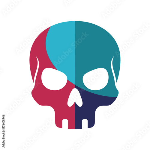 Bold Colorful Human Skull Illustration. A striking digital artwork featuring a cranium design with vibrant hues and a contemporary, angular aesthetic. This graphic embodies duality and artistic.