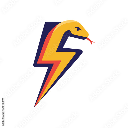 Dynamic Snake Lightning Bolt Emblem. Modern stylized serpent integrated with a powerful electric bolt, symbolizing swiftness, strength, and dangerous agility. Vibrant colors capture forceful energy.