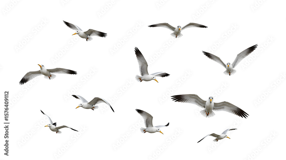 Fototapeta premium White gulls in flight isolated on white background, a flock of sea birds soaring through the sky, representing freedom, travel, and nature's beauty
