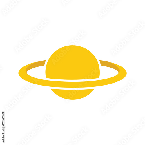 Minimalist Golden Ringed Planet Icon. Clean graphic of a bright yellow sphere encircled by a vibrant band. Evokes celestial beauty, scientific discovery, and infinite possibilities beyond Earth.